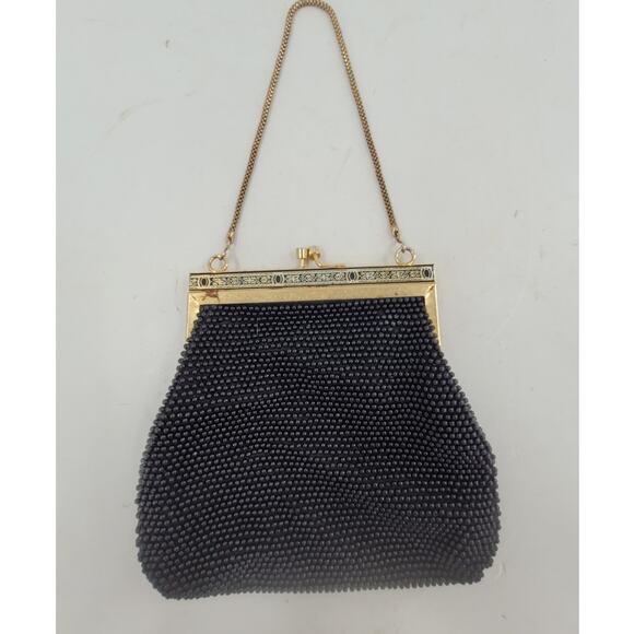 Art Deco Black Beaded Evening Bag with Gold Frame Vintage Cocktail Purse - Picture 3 of 10